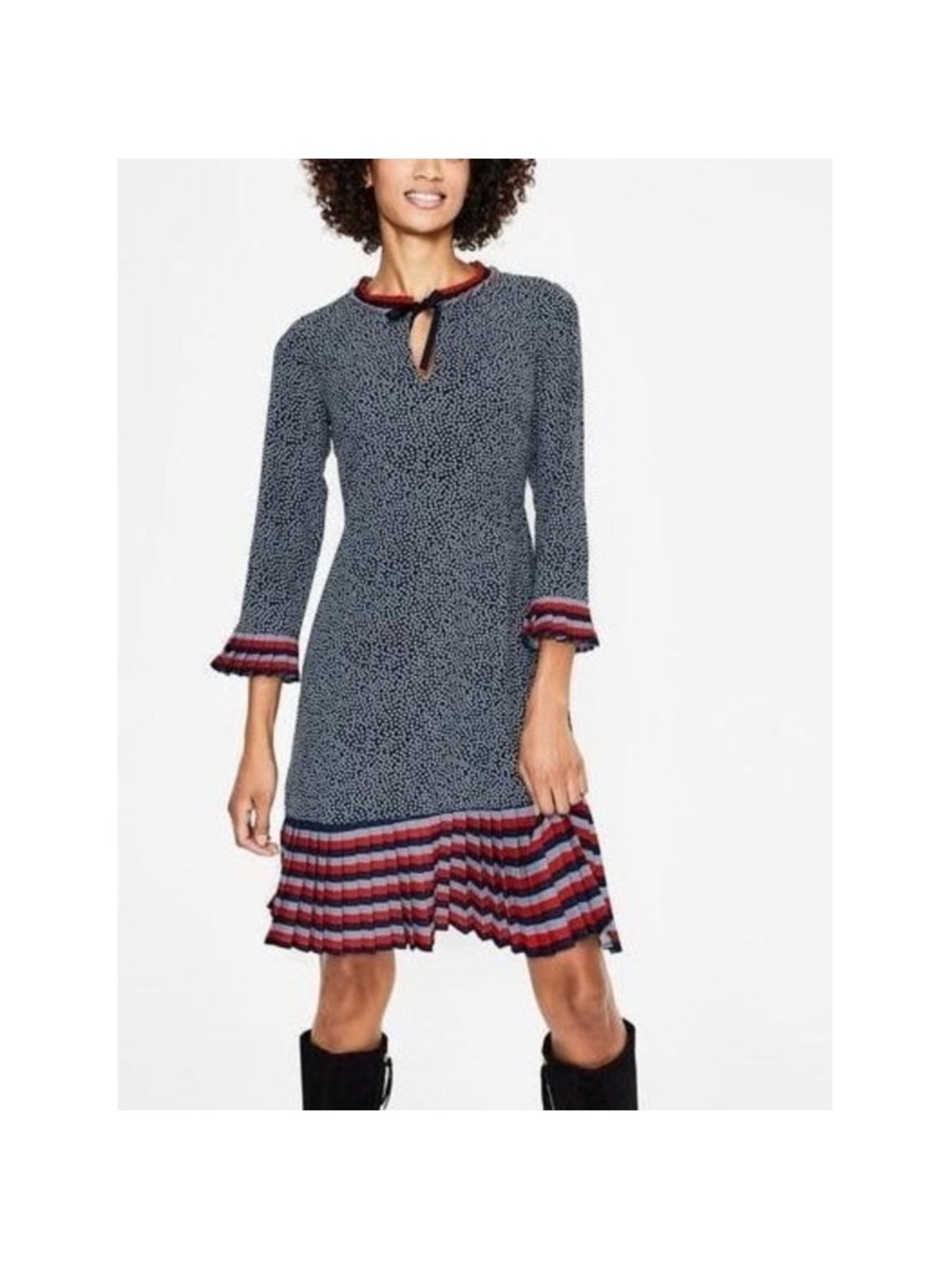 Boden Navy Dot Knit Dress with Red Stripe Ruffle